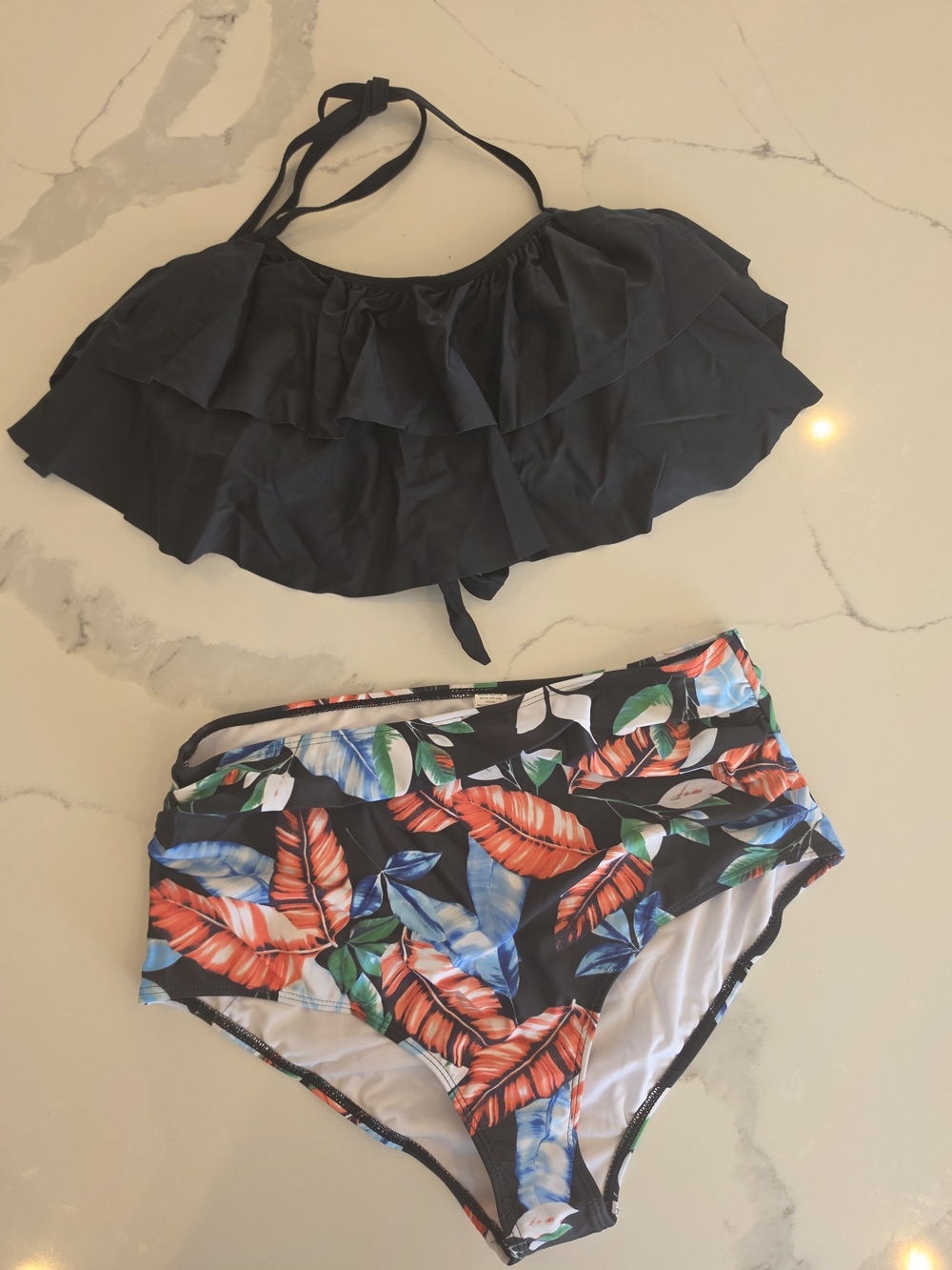 Women's Black Ruffle Bikini Top with Tropical Print High-Waist Bottoms - XL